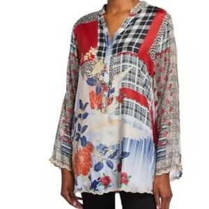 EUC silk Johnny Was Mixed Print tunic with Lace Trim.